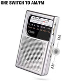 AM FM Radio with Speaker and Earphone Jack, Small Transistor Radio, Battery Operated, Best Mini Radio Antenna Reception for Emergency by MIKA (Silver)